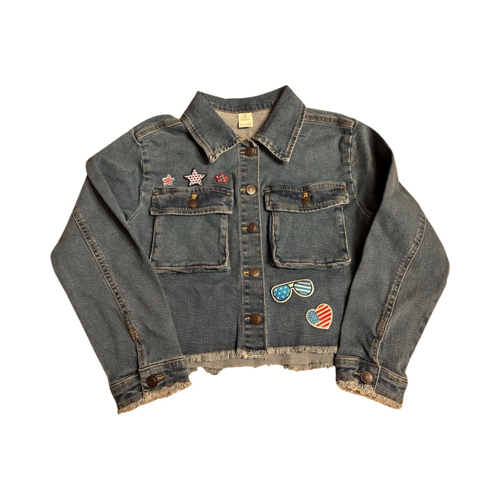 Evsie Girl’s Stars & Stripes Frayed Denim Jacket, Size Medium.
